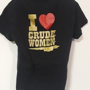 c VTG 90s I LOVE CRUDE WOMAN XL DBL SIDED OIL FIELDS WORKER SHIRT